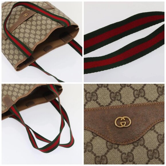 GUCCI GG Supreme Web Sherry Line Tote Bag PVC Leather Beige Auth 89625 - Picture 16 of 16